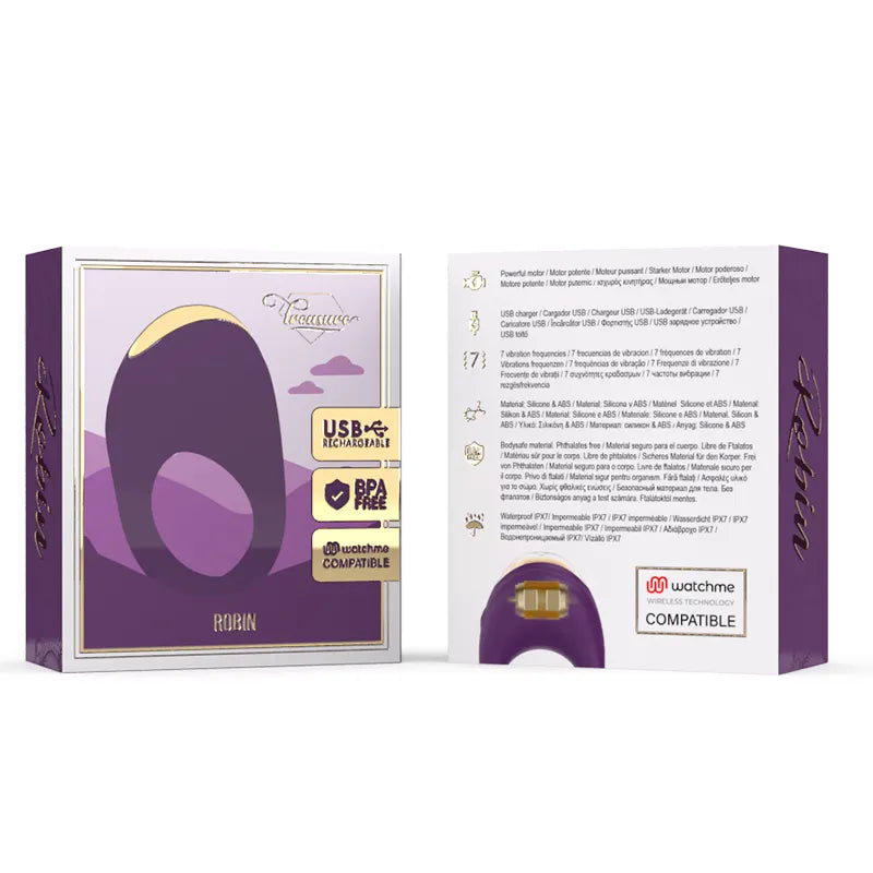 Anneau pénien vibrant luxe violet, technologie Watchme, stimulation clitoridienne, étanche, rechargeable, silicone.