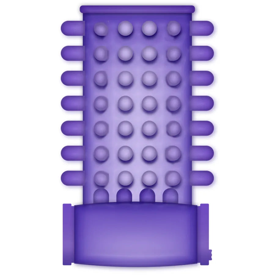 Anneau pénien vibrant violet TPR avec texture à picots, flexible et ajustable, pour stimulation et érection renforcée.