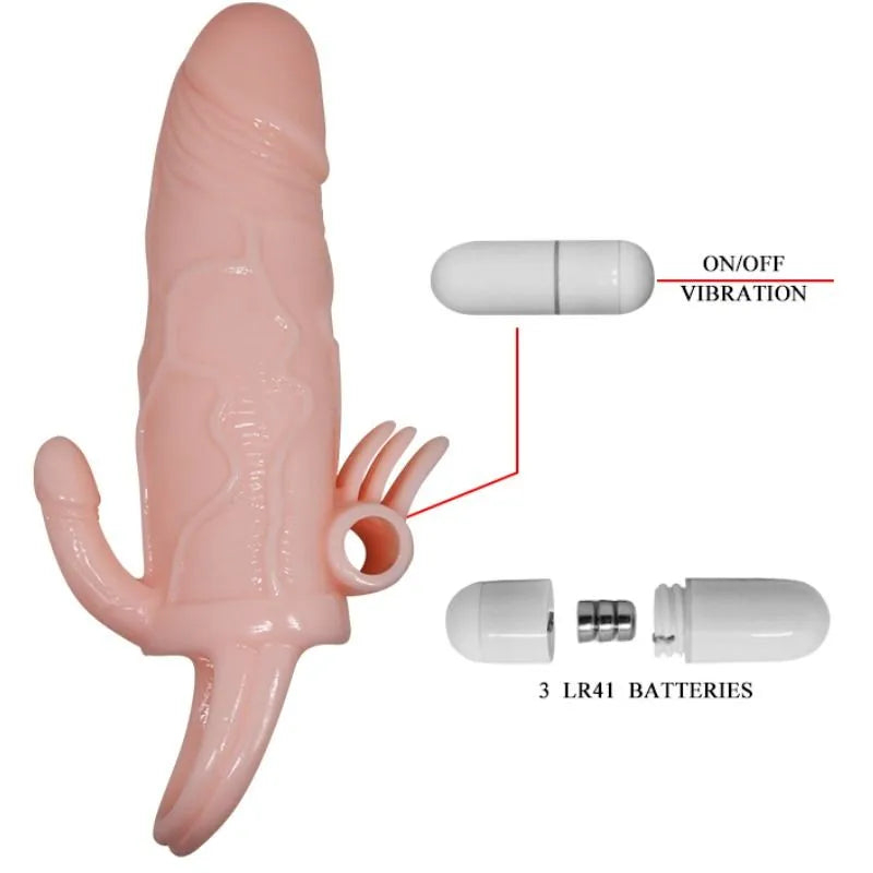 Anneau pénien vibrant en silicone chair avec stimulateur anal intégré et balles vibrantes, étanche et ergonomique.