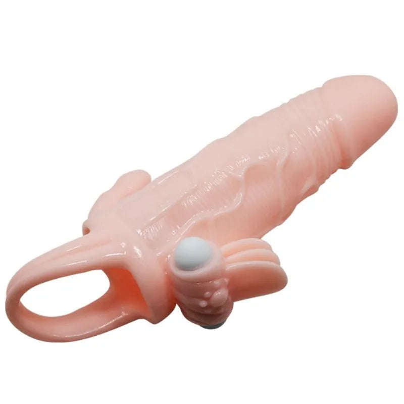 Anneau pénien vibrant en silicone chair, texturé, avec stimulateur anal intégré et boules vibrantes, étanche et ergonomique.