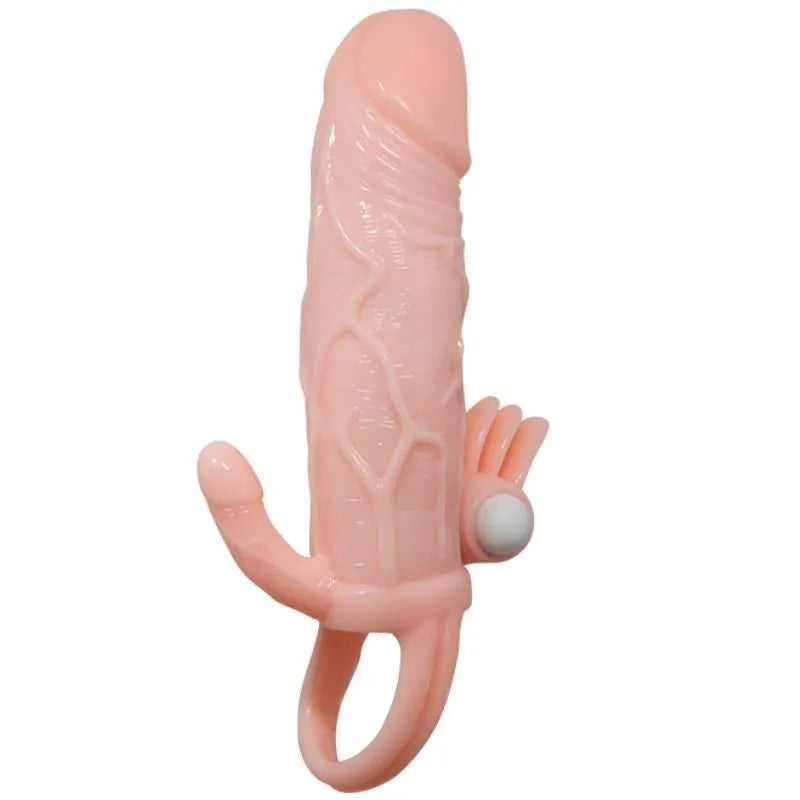 Anneau pénien vibrant texturé en silicone chair avec stimulateur anal intégré et boules vibrantes, étanche et ergonomique.