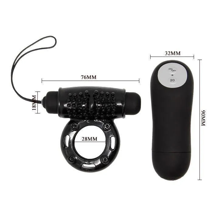 Anneau pénien vibrant noir avec télécommande, silicone ergonomique, 20 modes, stimulation clitoridienne, dimensions visibles.