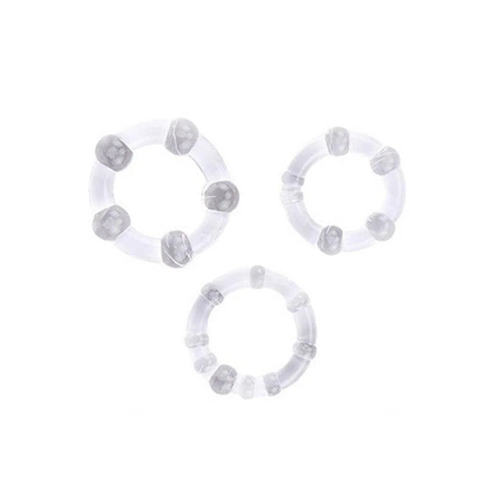 anneaux pénis extensibles lot trois transparents billes stimulation pression modulable diamètres 23mm 21mm 20mm TPR sans phtalates confort érection prolongée