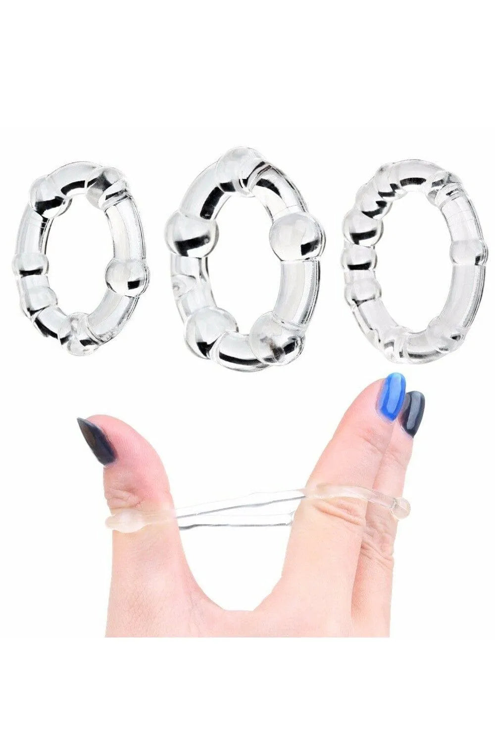 Anneaux pénis transparents avec billes, extensibles, trois tailles, TPR sans phtalates, pour érection prolongée.