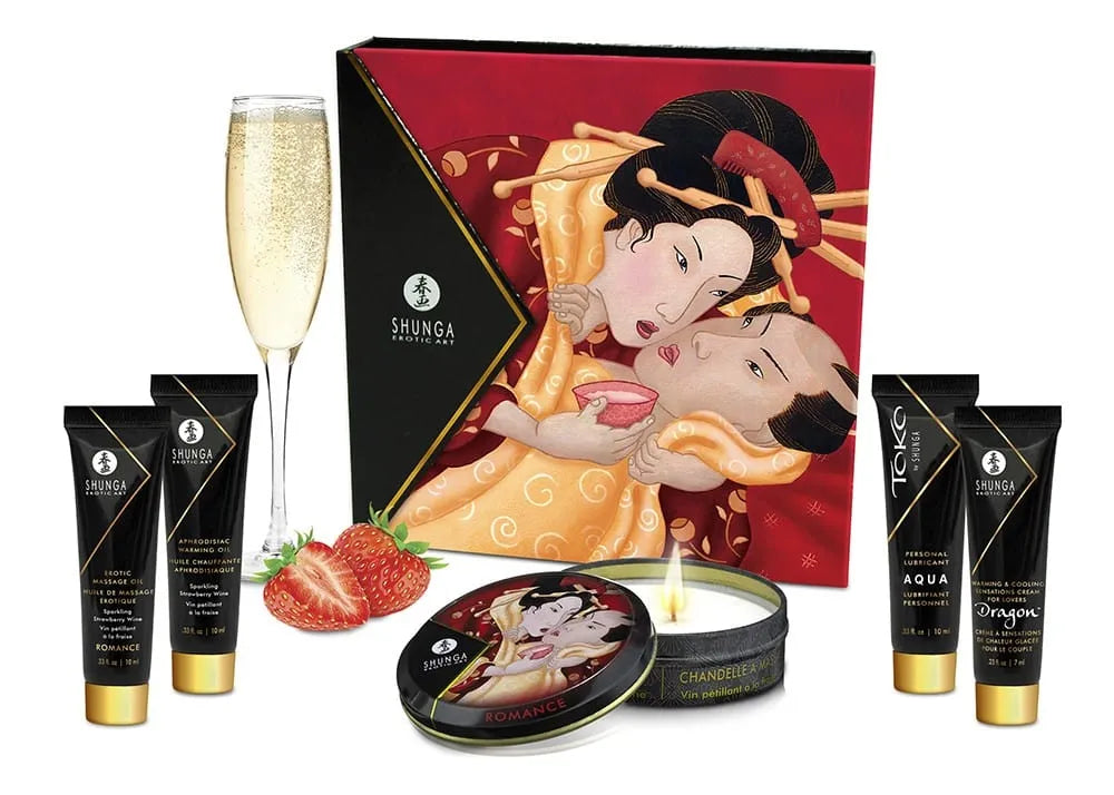 coffret bienetre romantique fraise vin petillant intime sensuel passionnel sensorielle relaxant bougie massage huile aphrodisiaque chauffant lubrifiant creme intensifiante