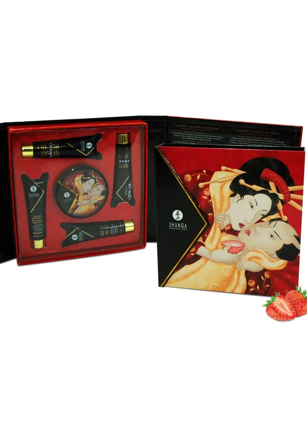 Coffret bien-être romantique avec produits sensoriels fraise et vin pétillant, bougie, huile massage, lubrifiant.