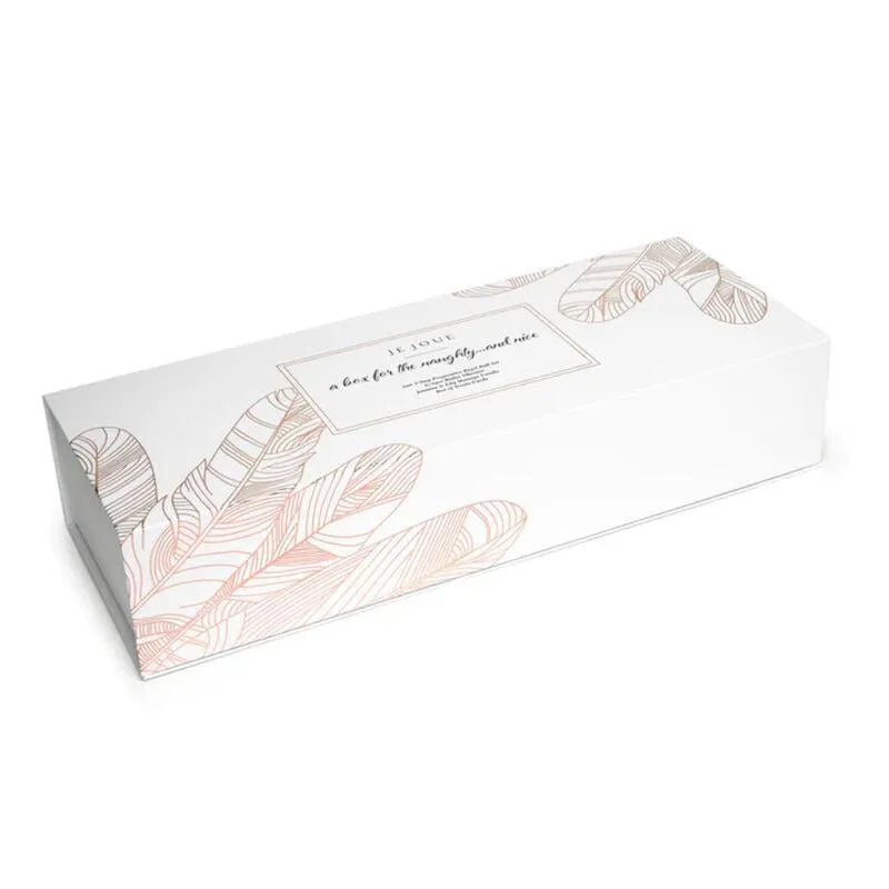 Coffret Je Joue édition limitée, motif plume or rose, luxueux, vibromasseur discret, boules Kegel, bien-être sexuel.