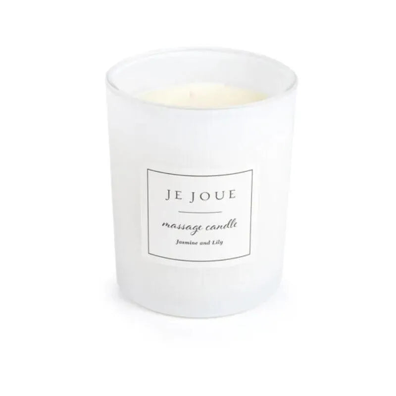 Bougie de massage Je Joue blanche, étiquette noire, parfum jasmin et lys, coffret bien-être sexuel édition limitée.