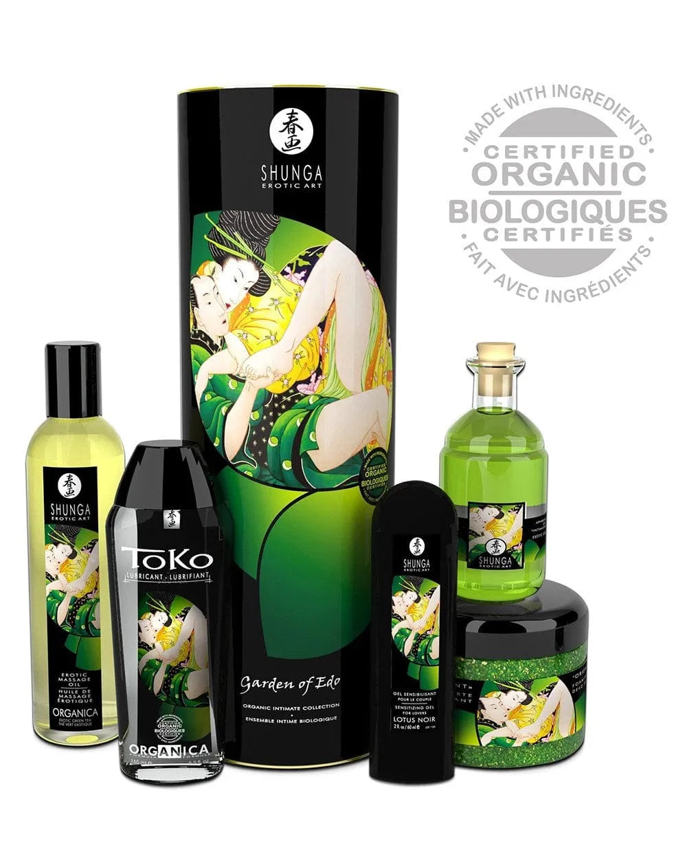 Coffret cadeau bio bien-être couples, huiles massage, sels bain, thé vert, design élégant, couleurs vertes et noires.