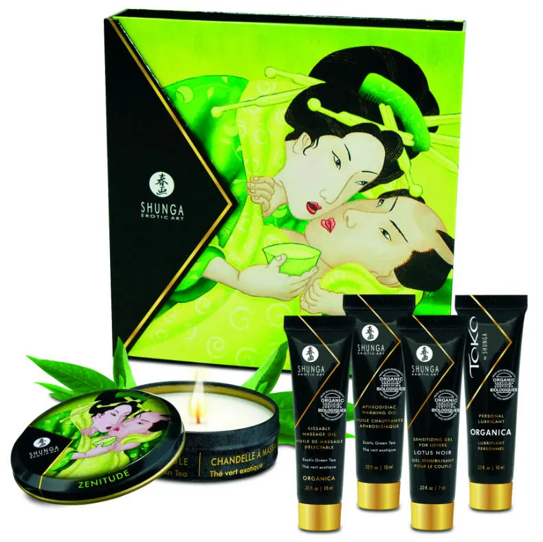 Coffret cadeau Shunga avec huiles, bougie et lubrifiants, design érotique japonais, couleurs vert et noir.