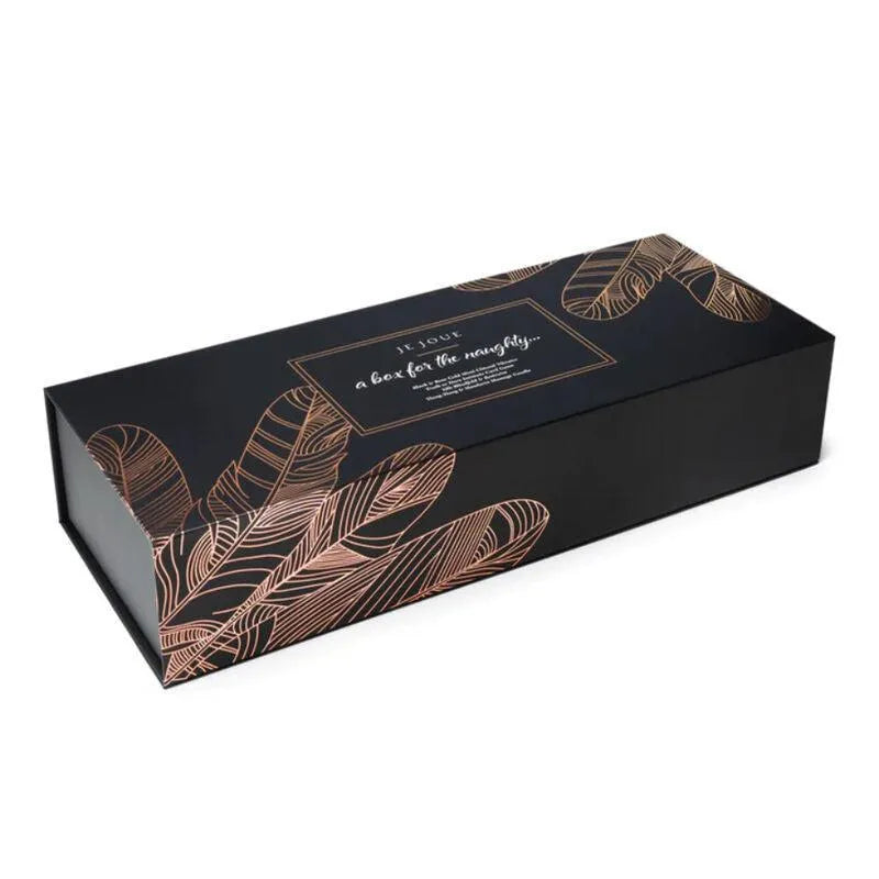 Coffret cadeau intime luxe noir avec motif plume or rose, contenant vibromasseur Mimi, bougie massage, bandeau et cartes.