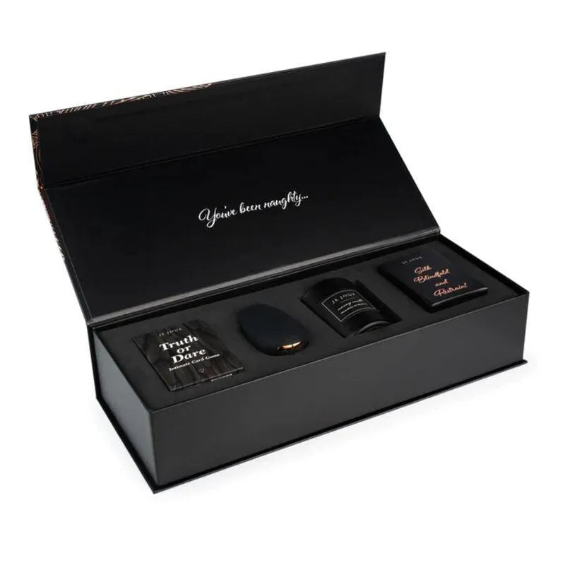 Coffret cadeau intime luxe avec vibromasseur Mimi, bougie massage, bandeau satin, cartes action vérité, motif plume doré.