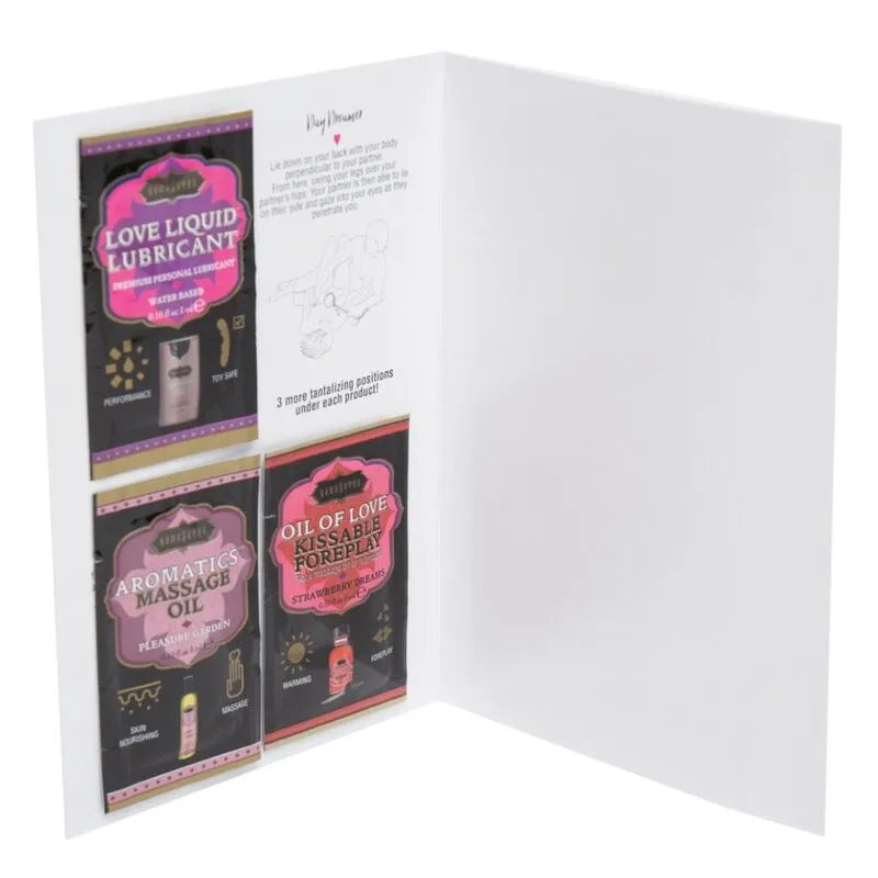 Coffret cadeau romantique avec huiles parfumées, lubrifiant, sachets chauffants et cartes positions pour intimité.
