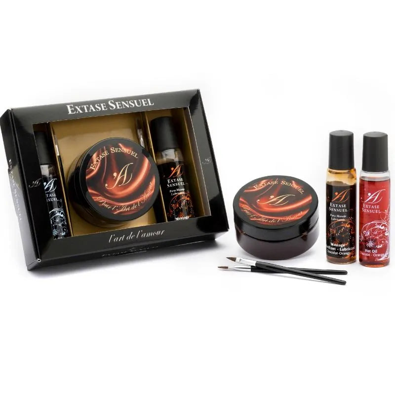 Coffret cadeau érotique chocolat aphrodisiaque sensoriel sensuel gourmand chaud chauffant onctueux luxueux intime voluptueux massage lubrifiant huile pinceaux précision