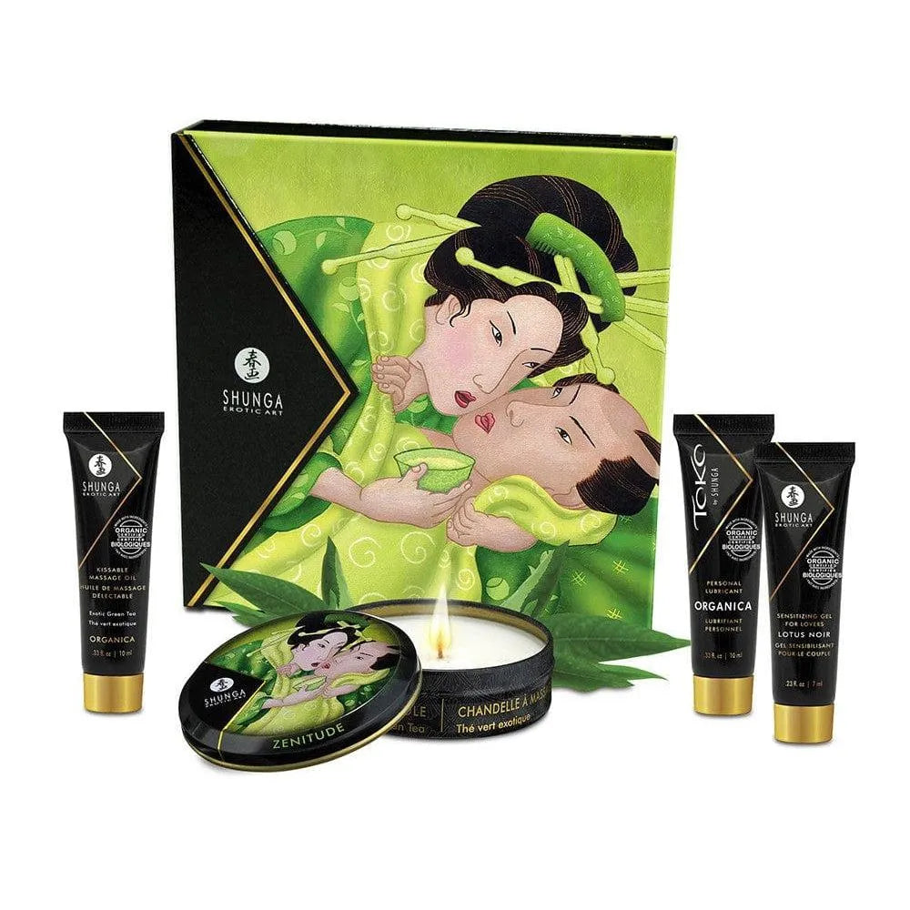 coffret cadeau sensuel biologique thé vert exotique aromatique romantique intime sensoriel bougie massage huile aphrodisiaque embrassable lubrifiant organique