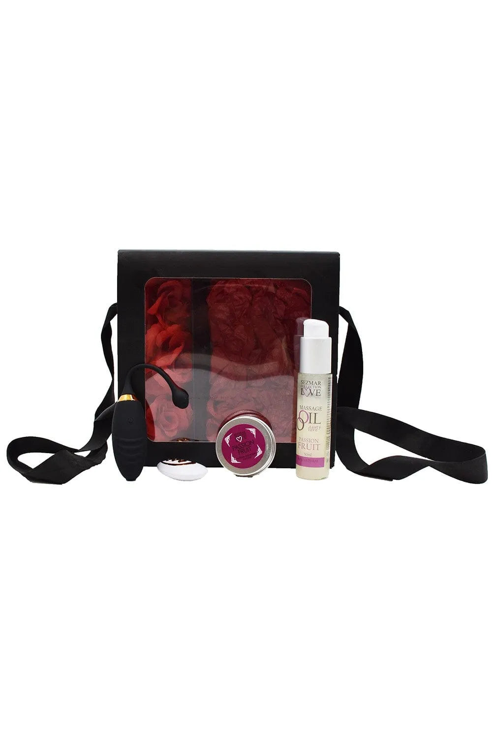 Coffret Noël couple: huile massage fruit de la passion, bougie, œuf vibrant USB, roses rouges, boîte noire élégante.