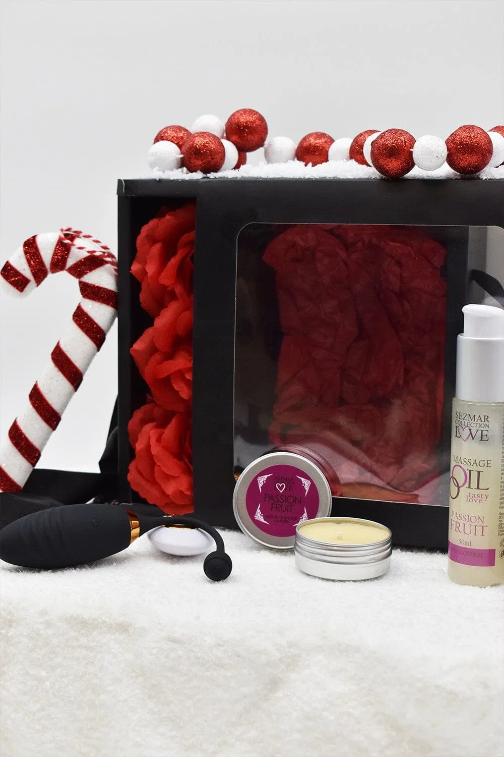 Coffret coquin Noël: huile massage fruit de la passion, bougie sensuelle, oeuf vibrant USB, roses rouges, boîte festive.