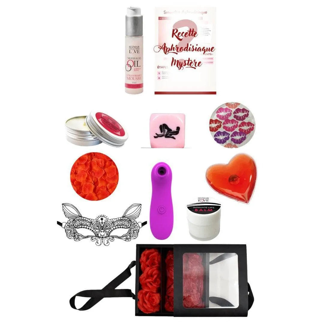 Coffret coquin romantique avec stimulateur violet, bougie massage, pétales rouges, huile sensuelle, masque noir.
