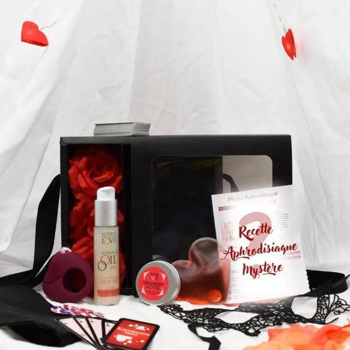 coffret coquin édition limitée romantique sensuel intime couples bougie massage naturelle huile bandeau satiné masque dentelle pétales soie chauffant réutilisable
