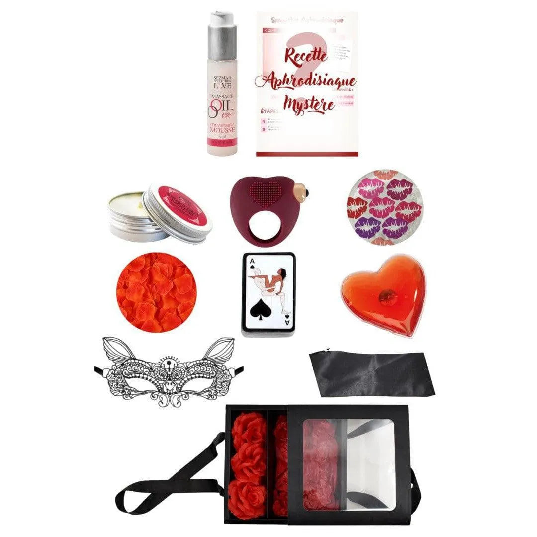Coffret coquin romantique avec bougie, huile massage, masque dentelle, pétales soie rouges, bandeau satiné noir.