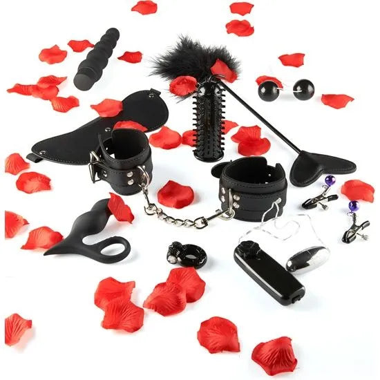 Coffret coquin high-tech avec accessoires noirs et rouges, manchon vibrant, pinces, et pétales rouges pour couples.