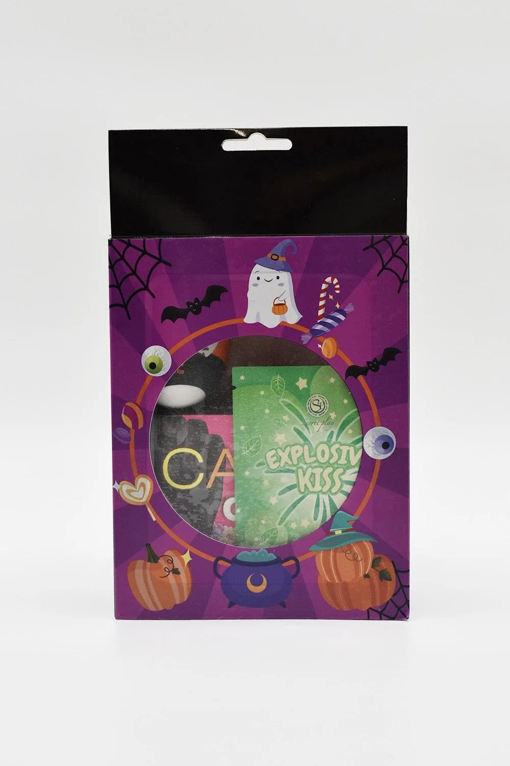 Coffret coquin homme Halloween, boîte violette avec motifs fantômes et citrouilles, contenant accessoires sensuels exclusifs.