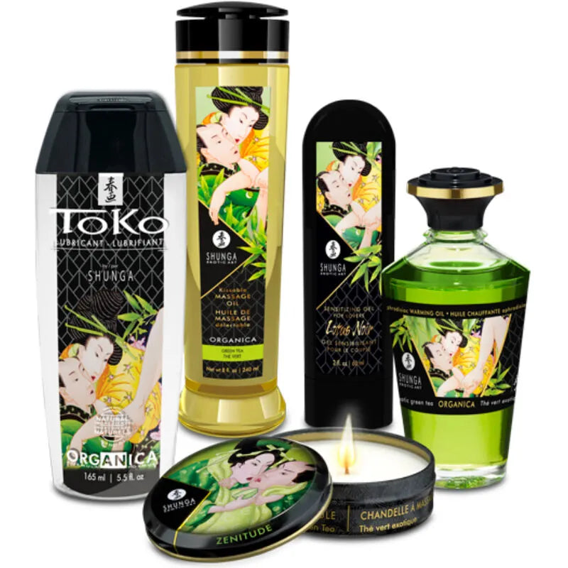 Coffret Shunga luxe sensoriel avec huiles de massage bio, bougie intime, design élégant, étiquettes artistiques japonaises.