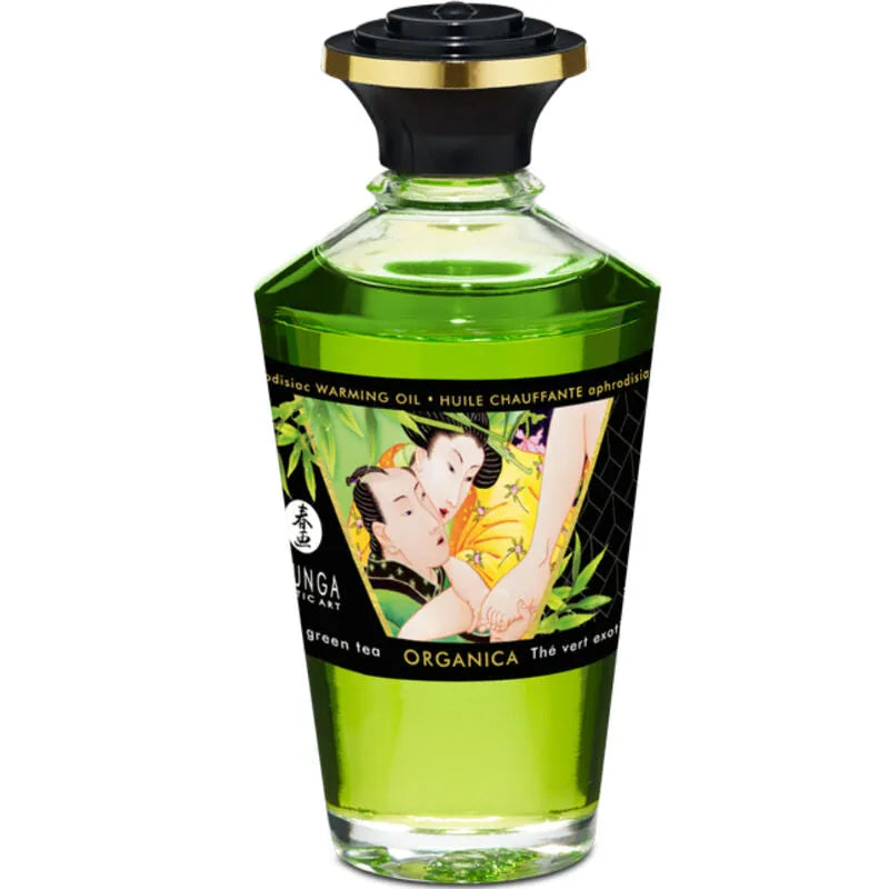 Huile de massage Shunga verte, bouteille élégante, illustration romantique, produit cosmétique bio érotique certifié.
