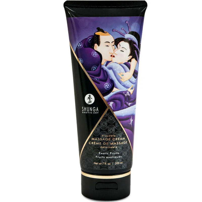 Tube de crème de massage Shunga au design érotique japonais, fond violet avec illustration sensuelle, 200 ml.