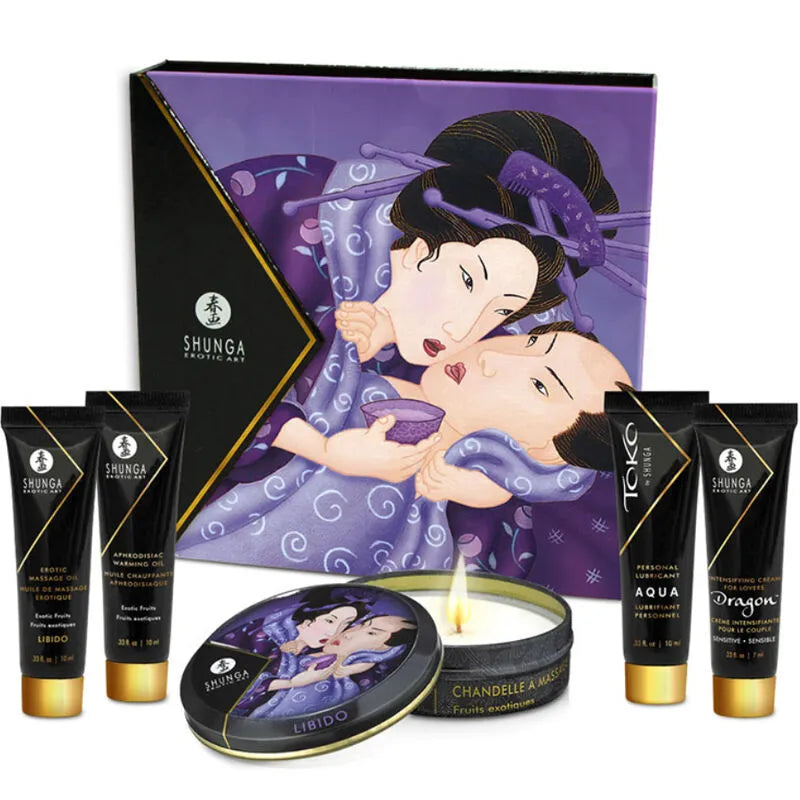 coffret cosmétique érotique Shunga couples sensuel intime luxueux voyage sensoriel huile massage chauffante aphrodisiaque bougie lubrifiant naturel