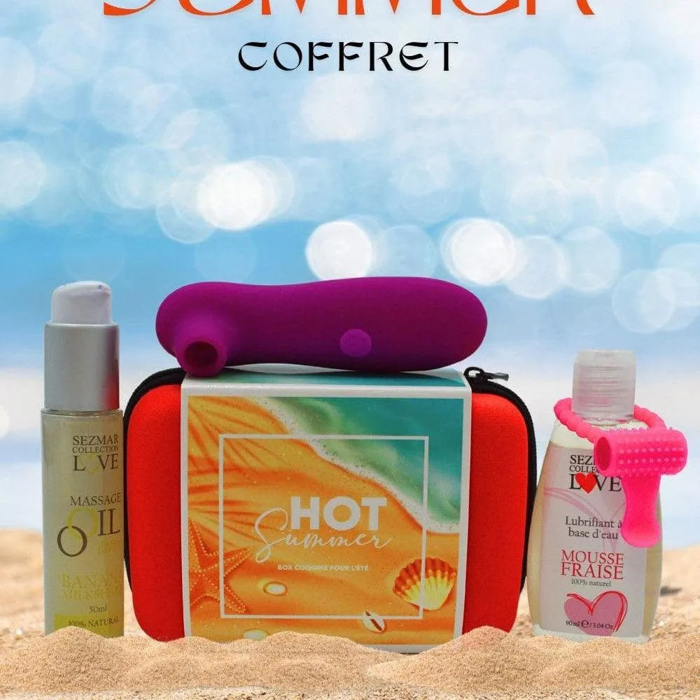 coffret couple été accessoires intimes naturels stimulateur clitoridien rechargeable anneau vibrant silicone extensible huile massage naturelle