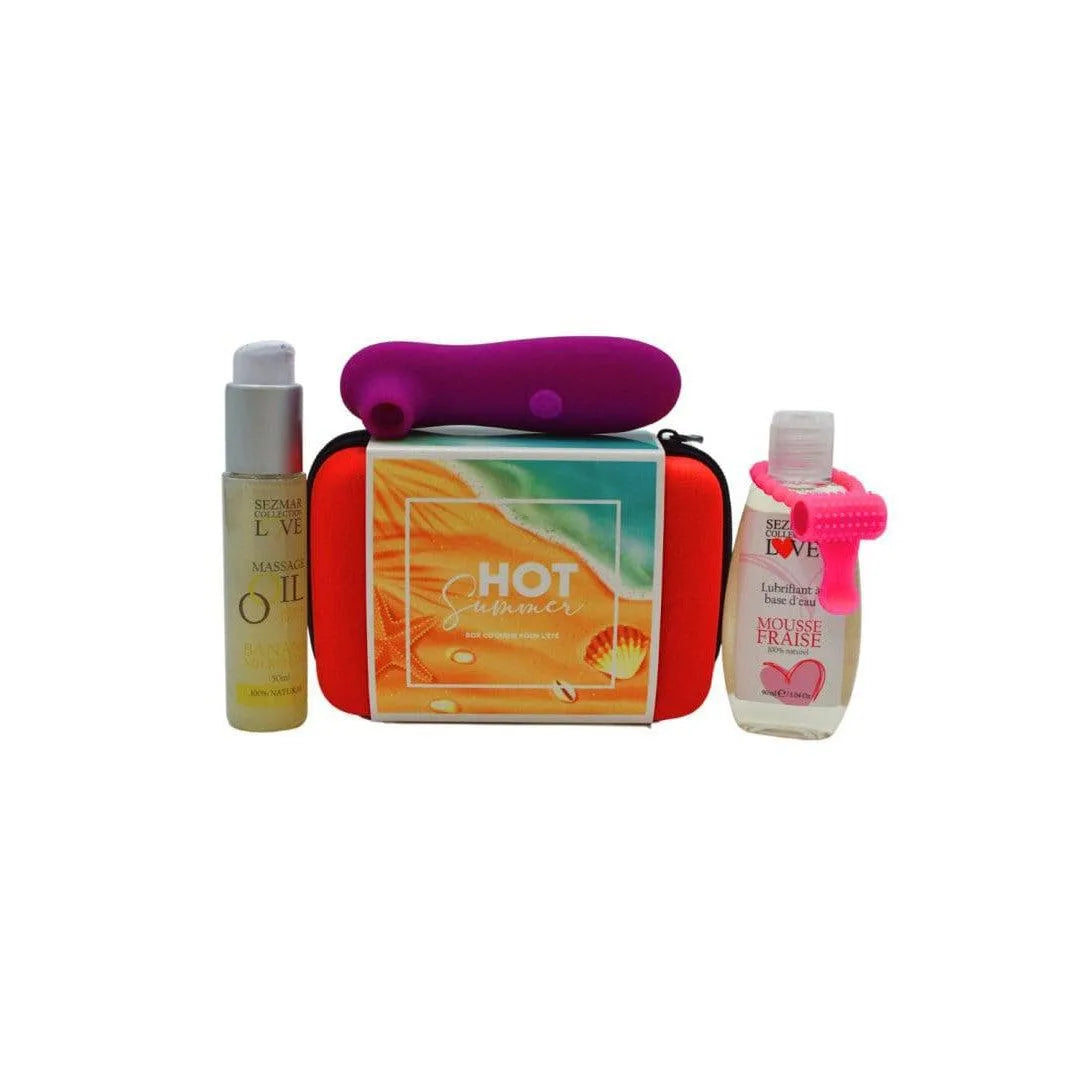 Coffret couple été avec stimulateur violet, anneau rose, huile massage, et trousse colorée pour moments intimes naturels.