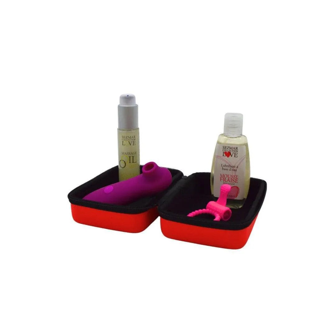 Coffret couple été avec stimulateur rose, anneau vibrant, huile massage naturelle, étui rouge et noir.