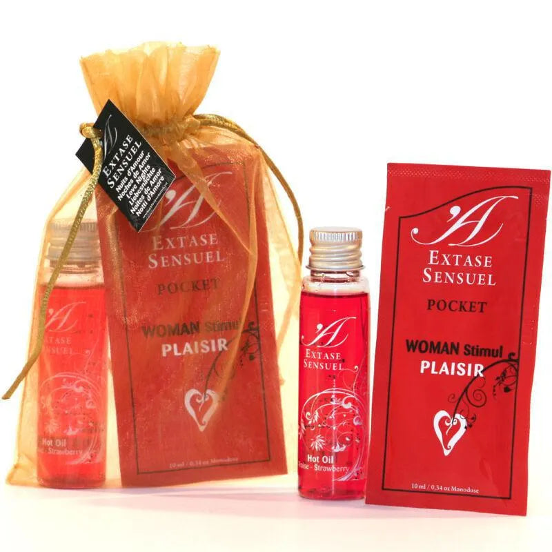 coffret intime stimulation fraise couples ampoules plaisir huile massage chaude aromatique réchauffant texture soyeuse compact transportable sensuel passionnel