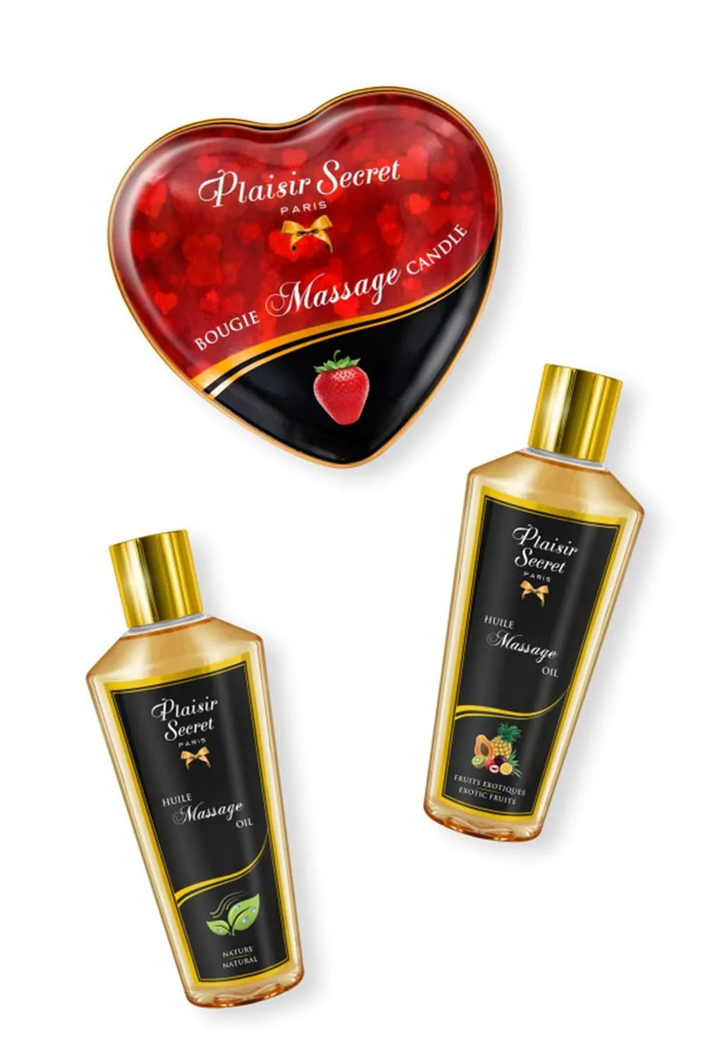Coffret massage huiles sèches végétales, flacons dorés, bougie cœur rouge, relaxation, hydratation naturelle.