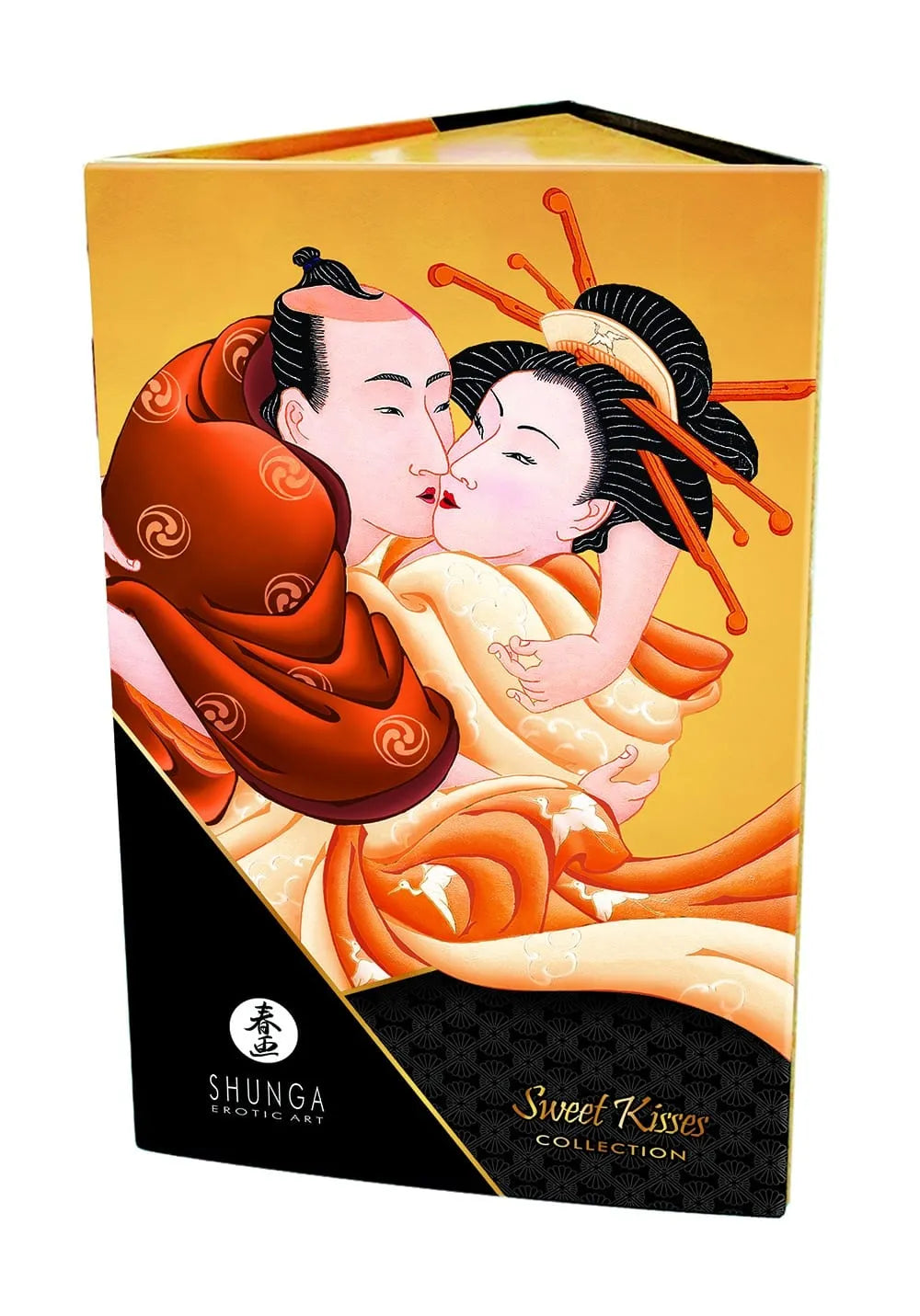 Coffret massage érotique Shunga, illustration couple asiatique, fond doré, produits aphrodisiaques chocolat caramel.