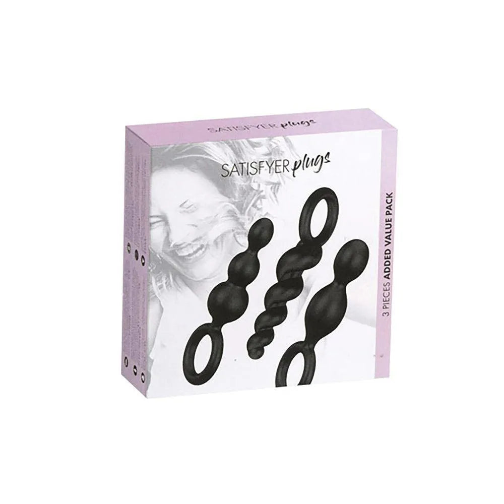 Coffret de 3 plugs noirs en silicone hypoallergénique, design torsadé et boules, poignée sécurité, initiation anal unisexe.