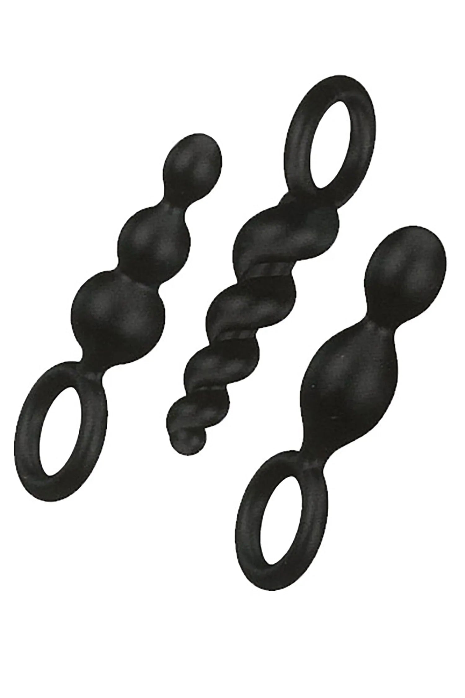 Coffret de 3 plugs noirs en silicone hypoallergénique, design torsadé et boules, poignées ergonomiques, initiation anal.
