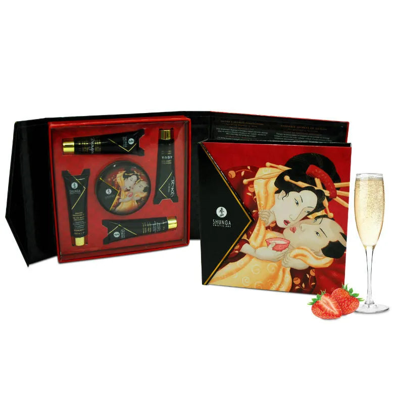 Coffret Shunga Fraises Cava avec huiles, bougie, lubrifiant, design élégant, fond noir et rouge, fraises et verre de cava.