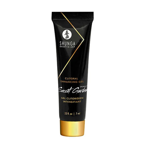 Tube noir et doré de gel clitoridien Shunga, design élégant, pour coffret érotique sensoriel et expérimental.