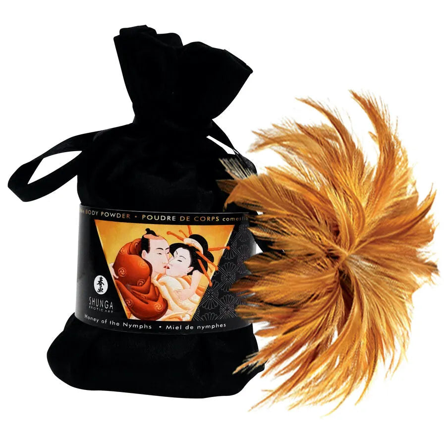 Coffret Shunga chocolat avec huile massage, peinture corporelle, plume dorée, sac noir, design sensuel et élégant.
