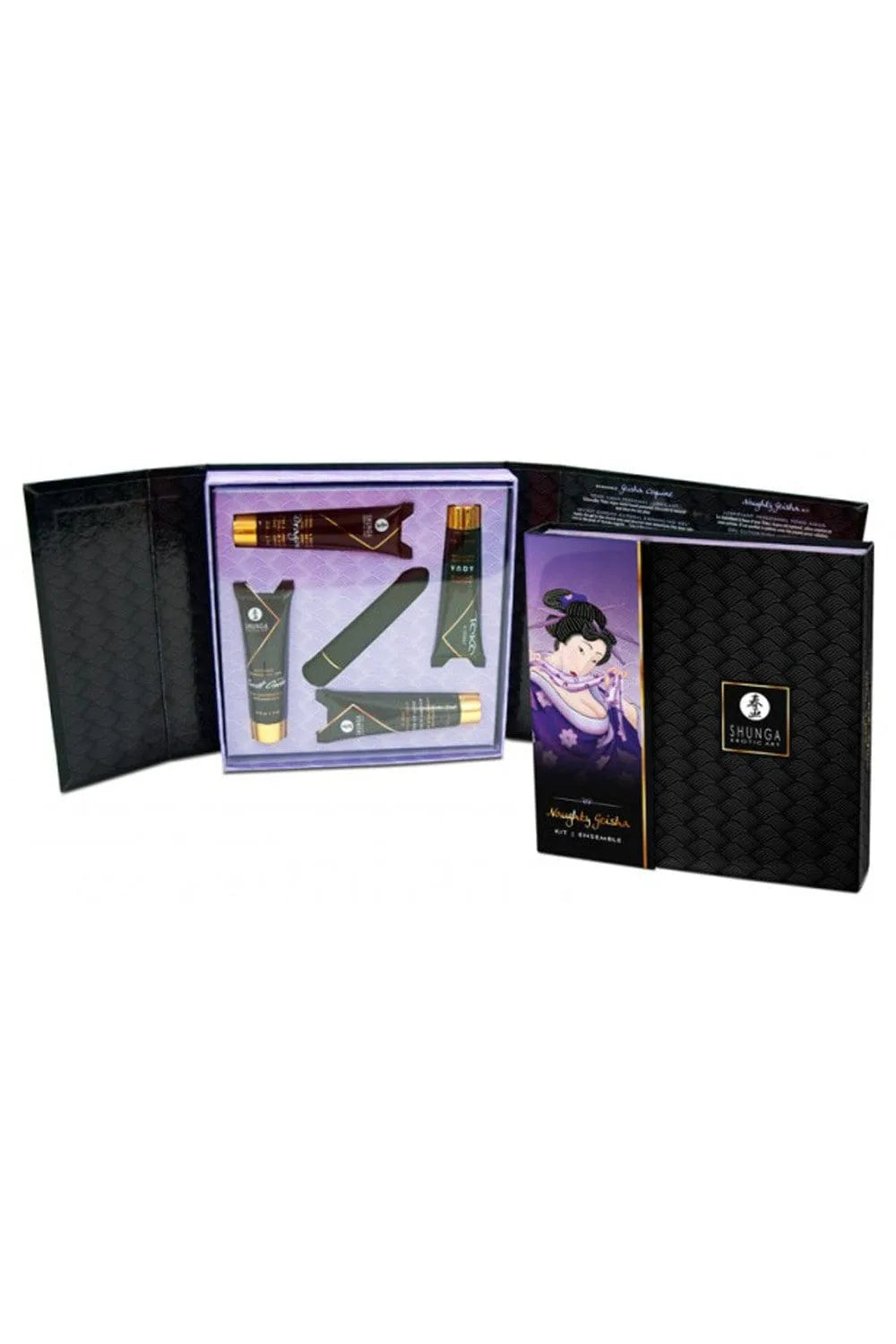 Coffret Sensuel Geisha noir et violet avec lubrifiant, gel clitoridien, crème intensifiante et stimulateur vibrant.