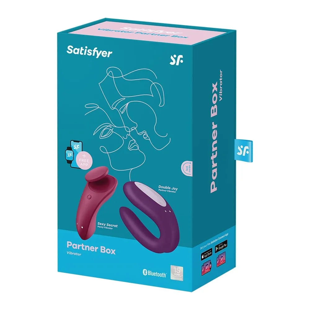 Coffret sextoys Satisfyer bleu avec vibromasseurs connectés en silicone médical, Double Joy et Sexy Secret, étanche IPX7.