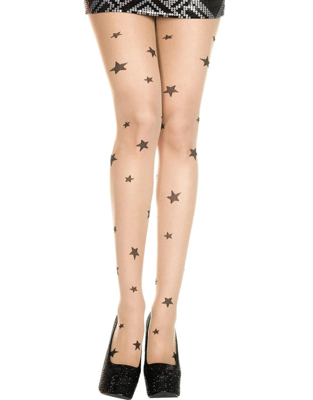 Collants chair transparents avec étoiles noires, nylon soyeux, élégance et confort, parfaits pour un look tendance.