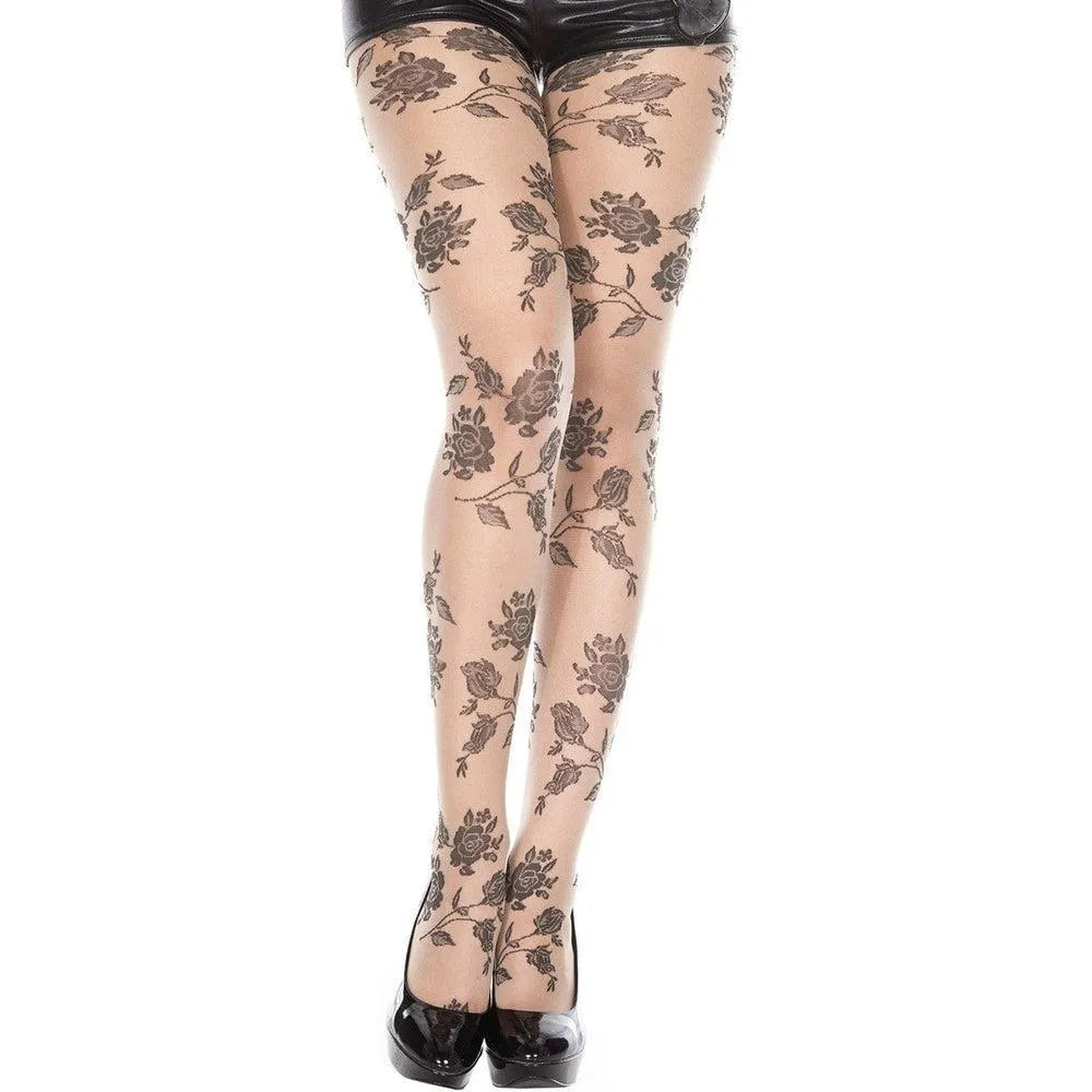 collant chair floral imprimé roses noires nylon elasthanne confortable extensible élégant raffiné sexy mode féminin tendance