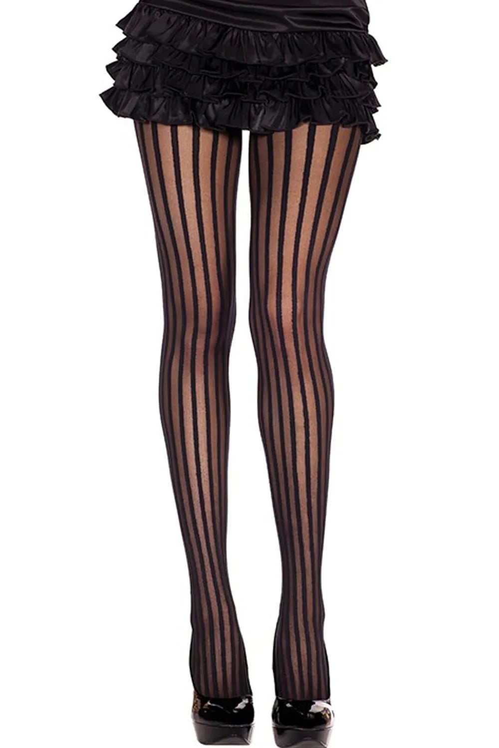 Collant noir fantaisie à lignes verticales, élégant et chic, affinant les jambes, idéal pour soirées et travail.
