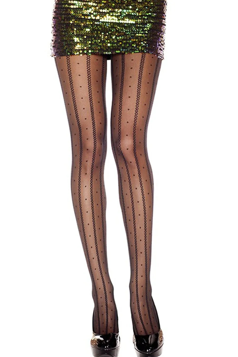 Collant noir chaîne pois, design raffiné, nylon élasthanne, élégant et sophistiqué, idéal pour soirées chic.