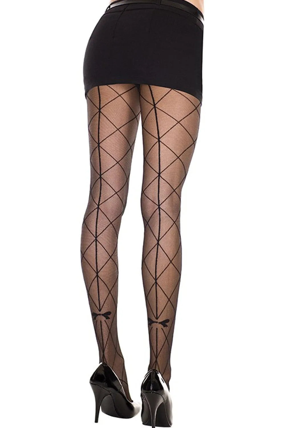 Collant noir effet couture croisillons, nœud chevilles, élégant et glamour, nylon élasthanne, silhouette affinée.