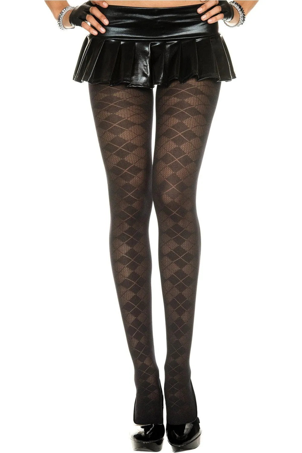 Collant fantaisie noir à motif losanges, élégant et moderne, idéal pour tenues chics, en nylon confortable et durable.