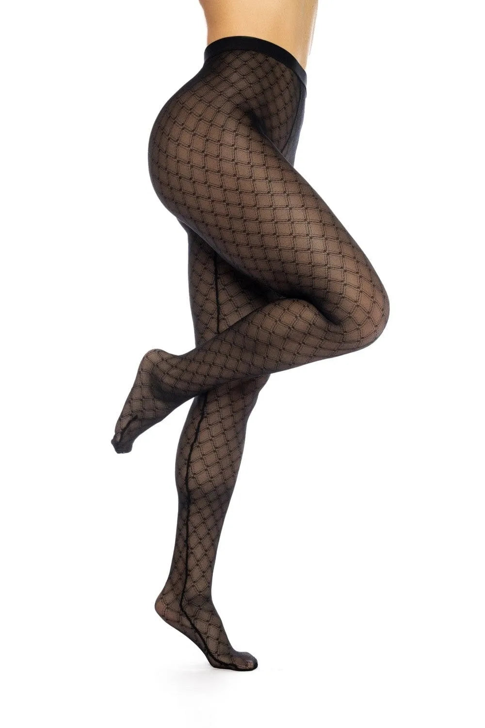 Collant résille noir transparent imprimé géométrique, extensible, ajusté, mettant en valeur la silhouette féminine.